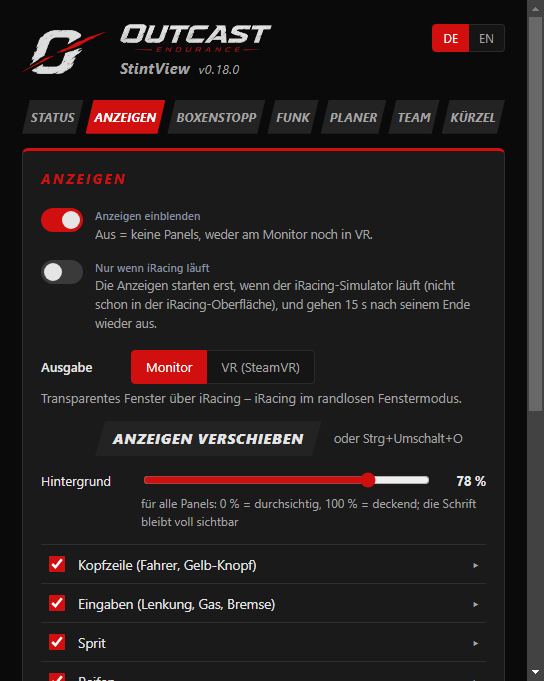 Das StintView-Fenster: Anzeigen einblenden, Ausgabe Monitor oder VR, Transparenz und Einstellungen je Panel