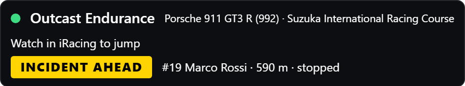 Header: current driver, car and track, incident-ahead warning